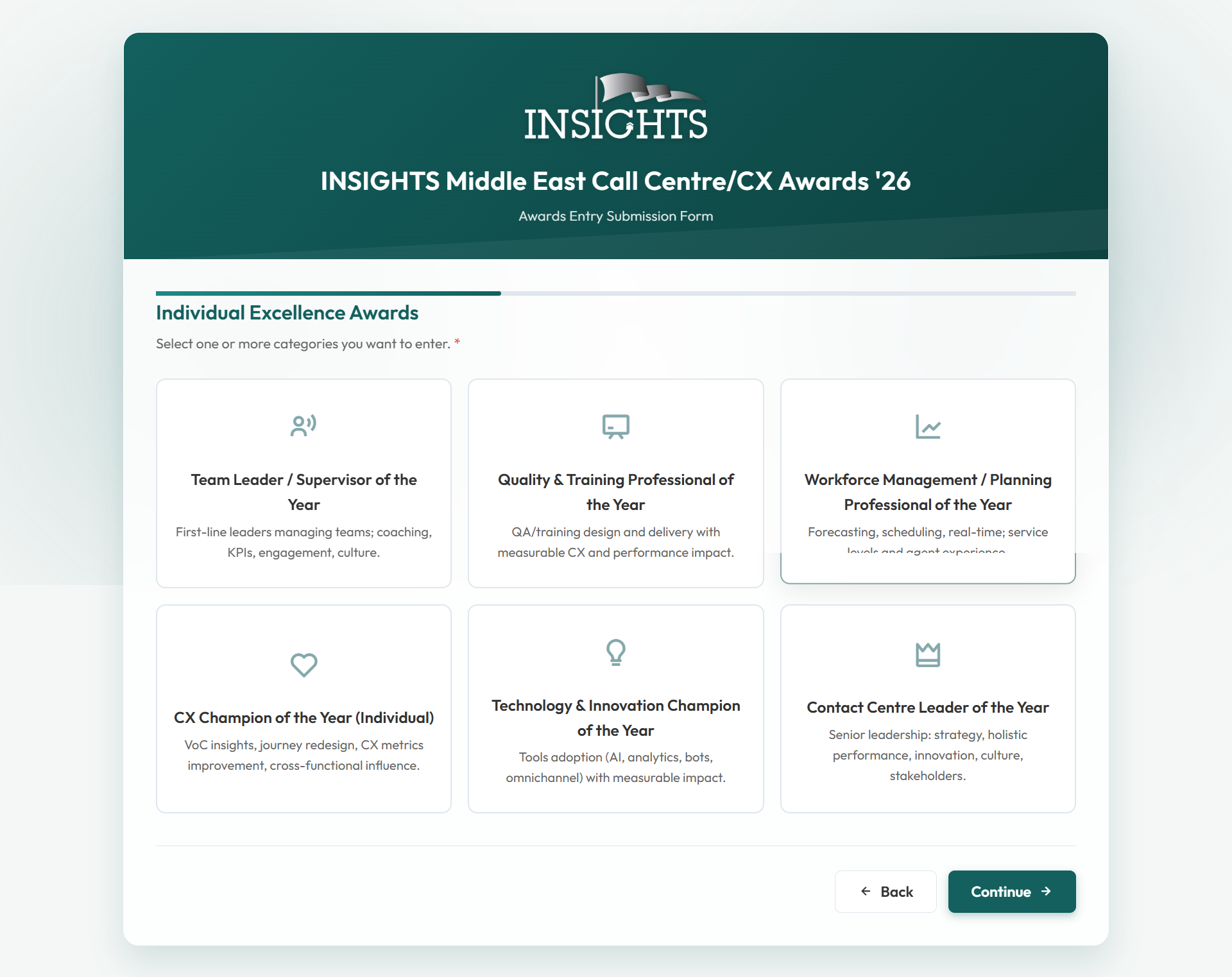 Individual Excellence category selection page